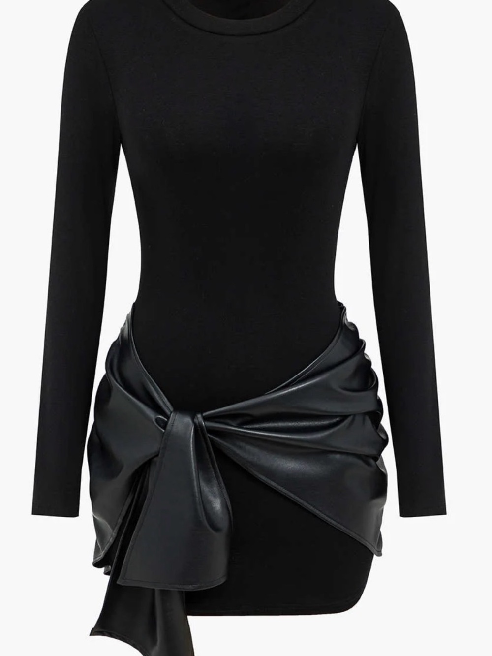 Black Long-Sleeve Mini Dress with Faux-Leather Tie Detail
